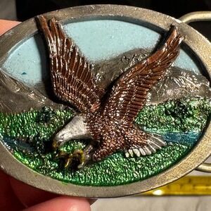 Vintage Belt Buckle Eagle in Flight Mountains River Tree By C&J in USA 1985 2.5"